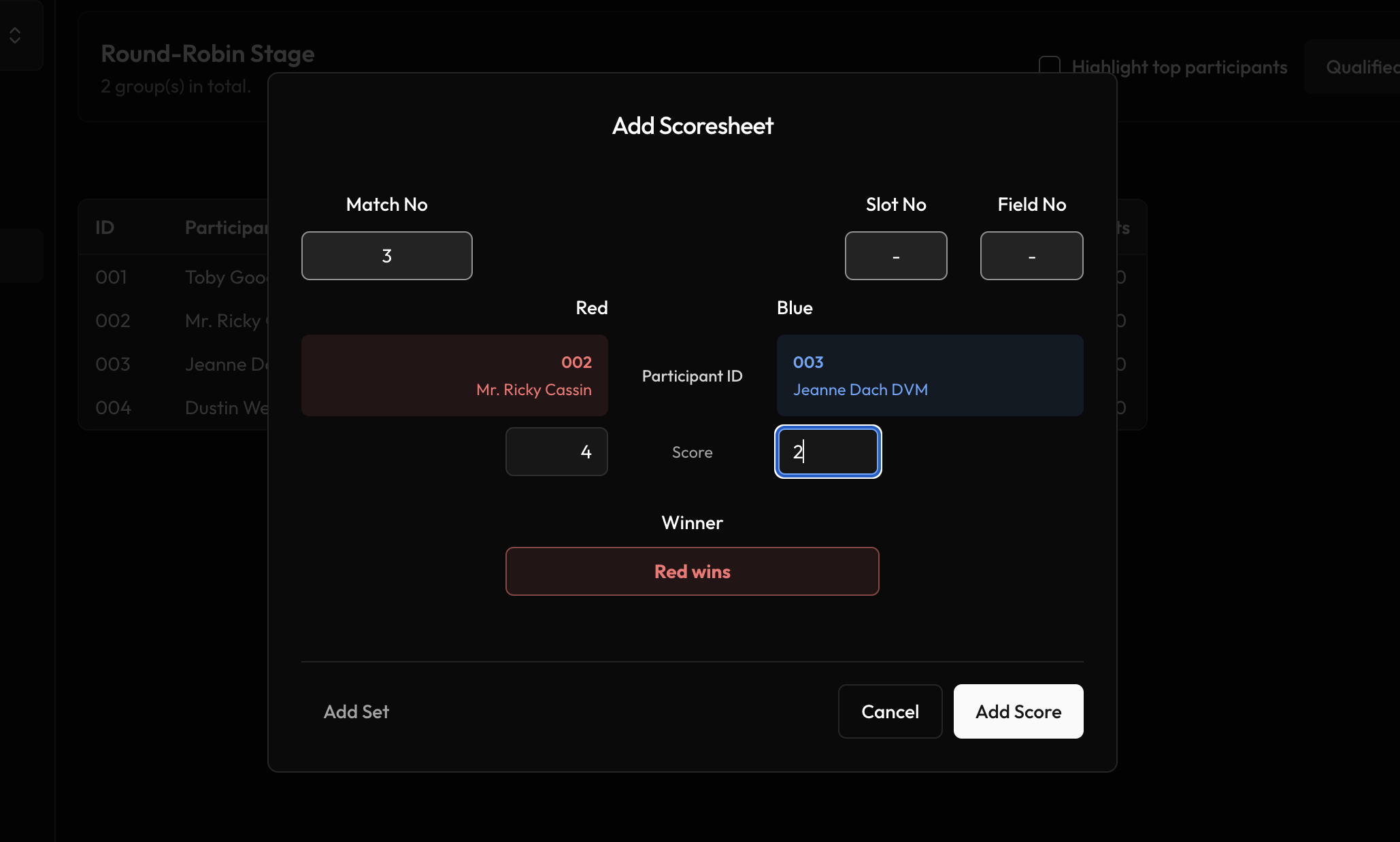 Scoresheet dialog recording a 4–2 result with match, slot, and field numbers and the winner marked