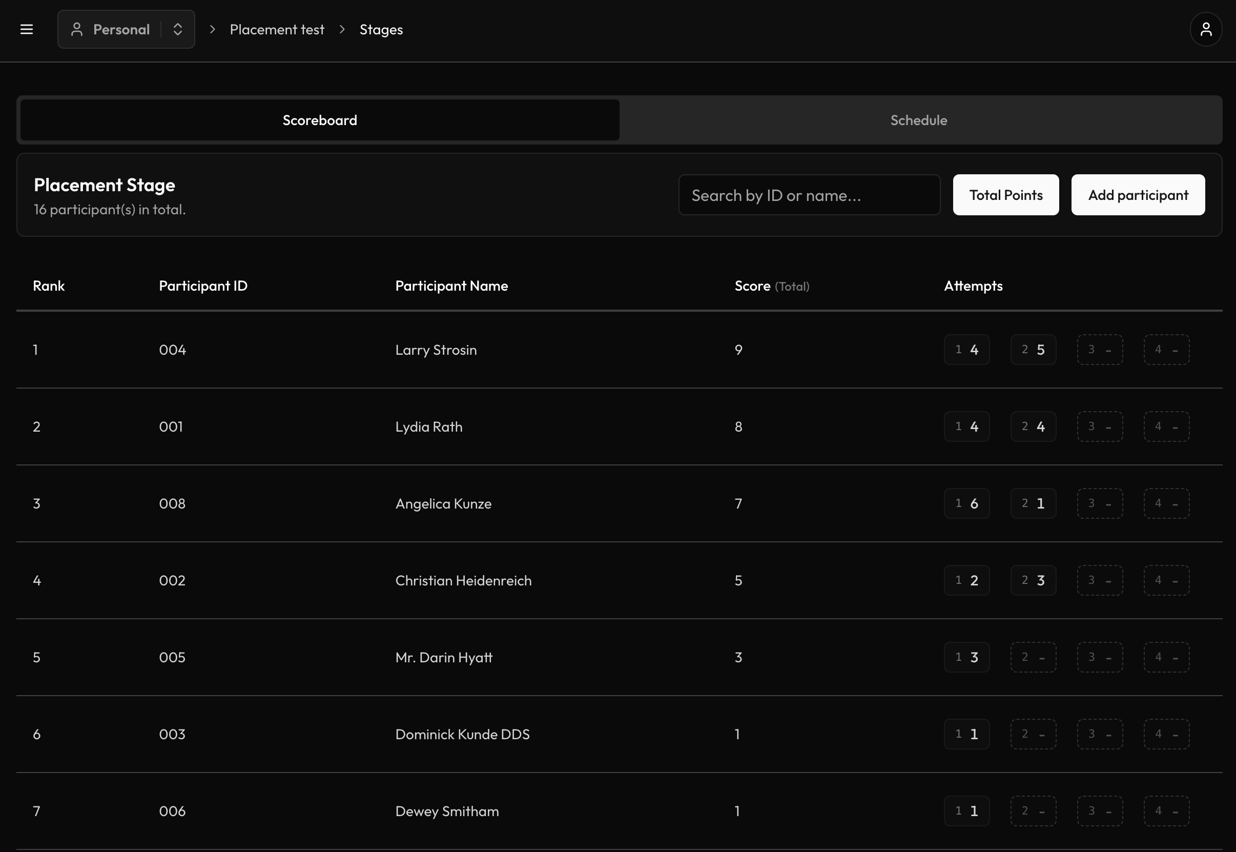A battle royale points leaderboard in Tournamyx Scores with squads ranked by total points