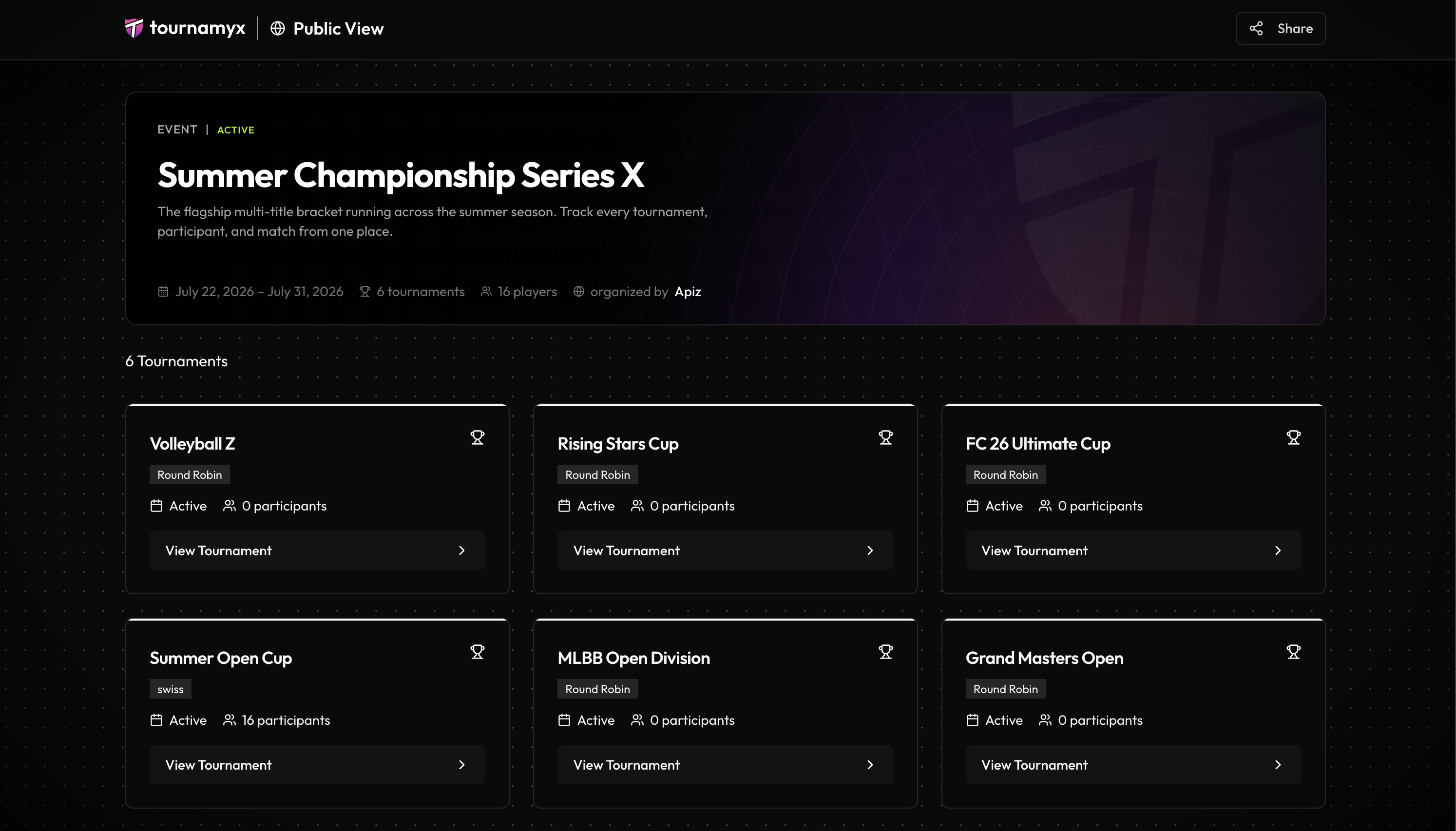 The public Tournamyx event page showing a large live bracket and results as spectators see it