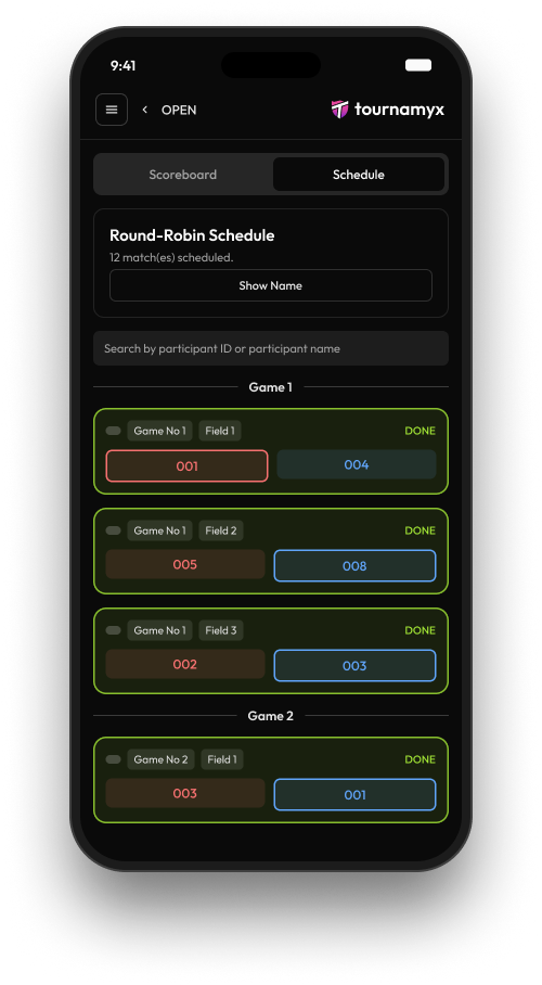 Live round-robin schedule on a phone, 12 matches grouped by game and field with finished ones marked done