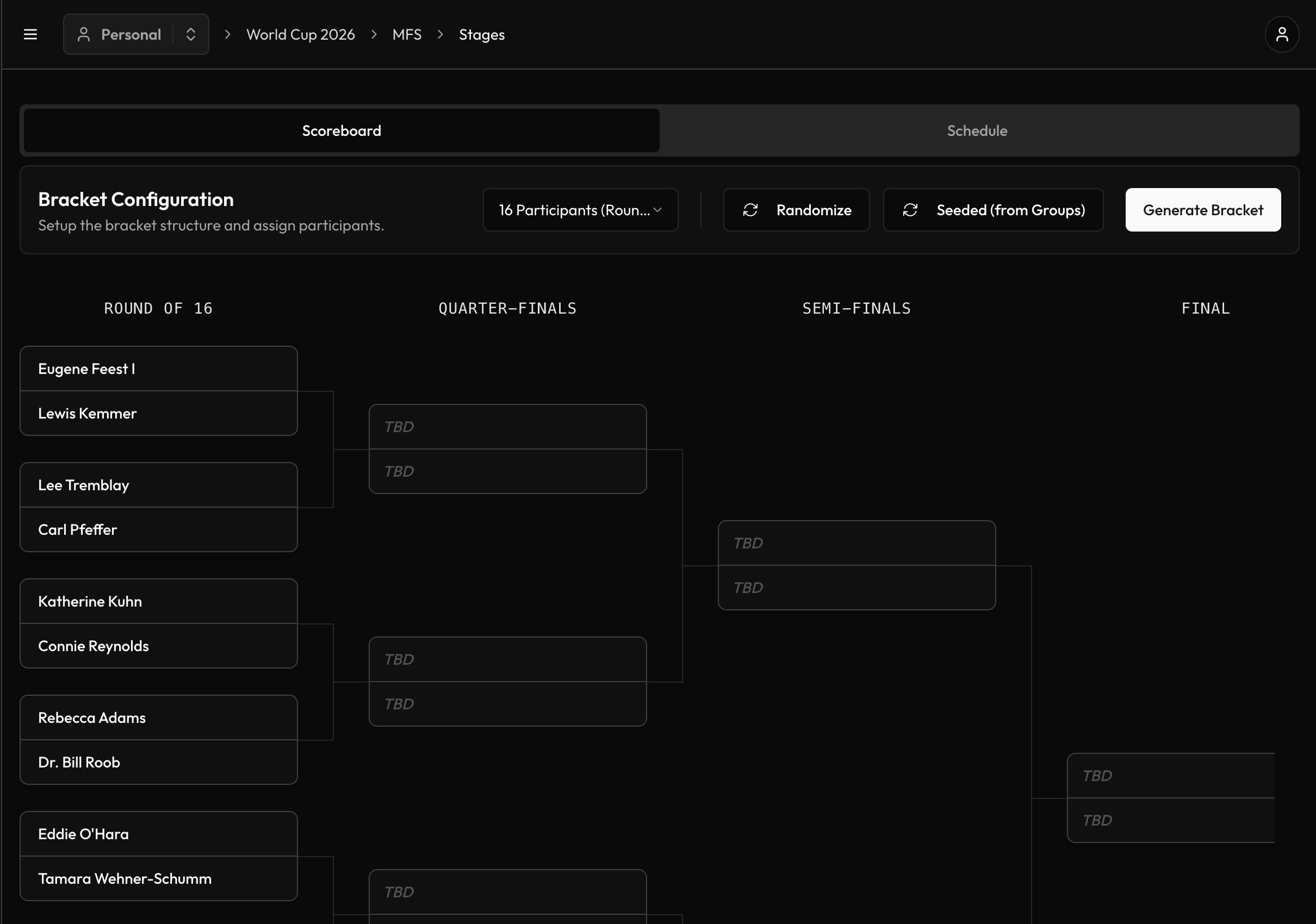 Single elimination bracket in the Tournamyx admin view with scored matches and advanced winners