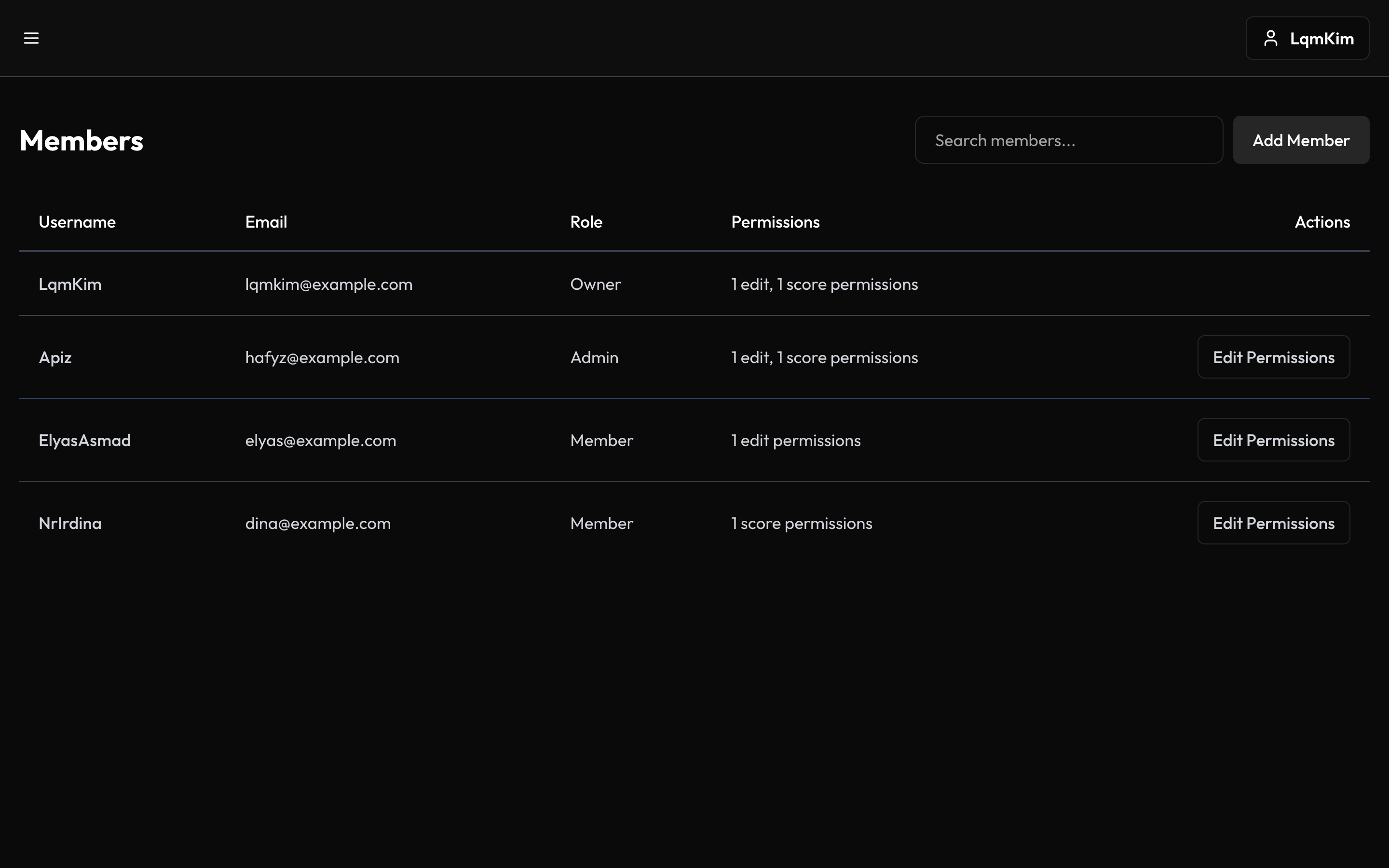 Members management showing scorekeeper roles and permissions