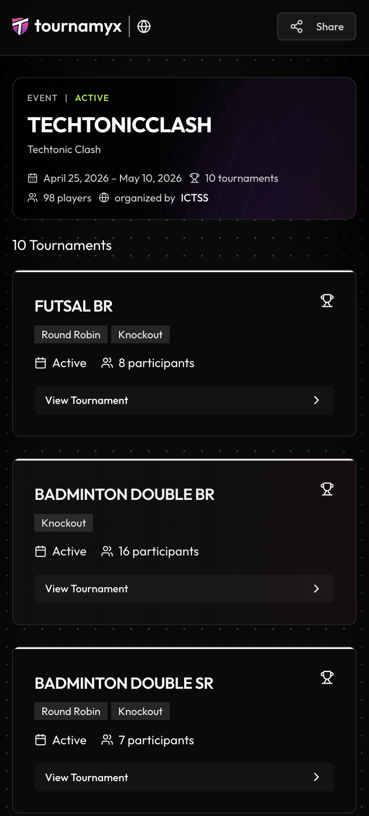 Tournamyx public event page on a phone listing ten tournaments and 98 players for one event