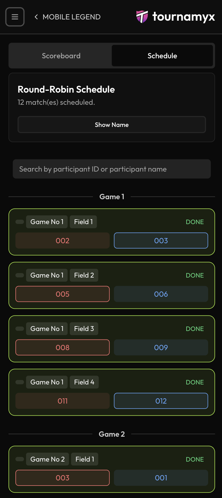 Live round-robin schedule on a phone with completed matches grouped by game and field