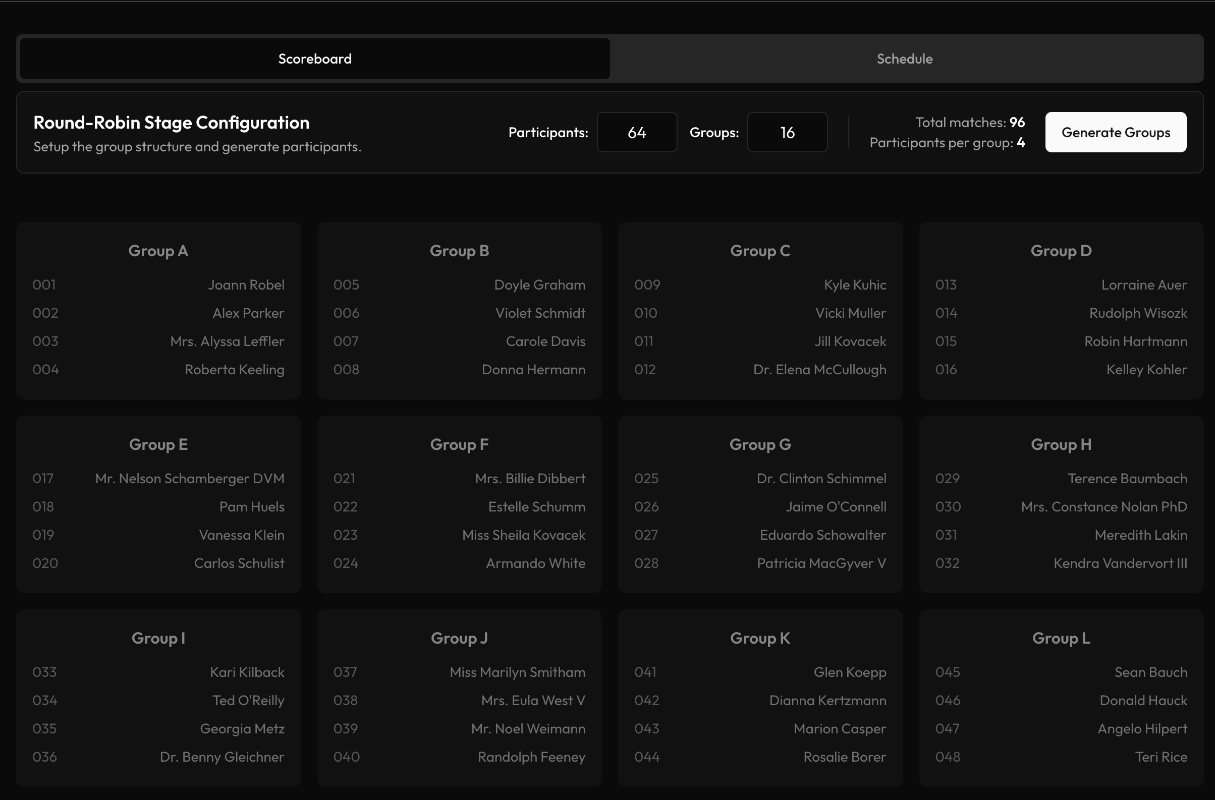 Public Tournamyx event page showing live round robin fixtures and standings
