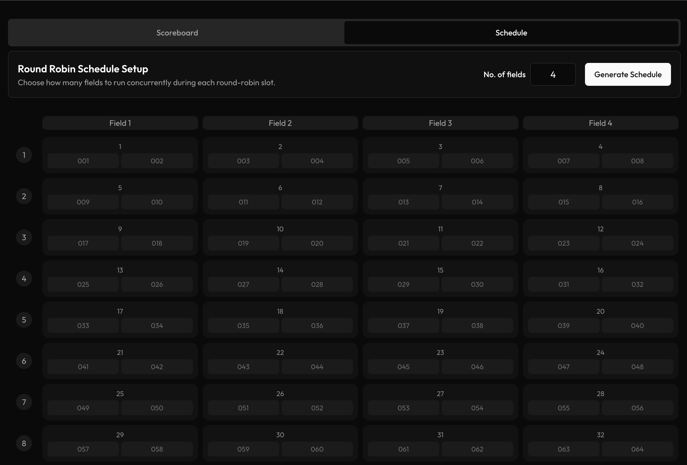 Tournamyx tournament schedule showing 56 matches allocated across eight fields