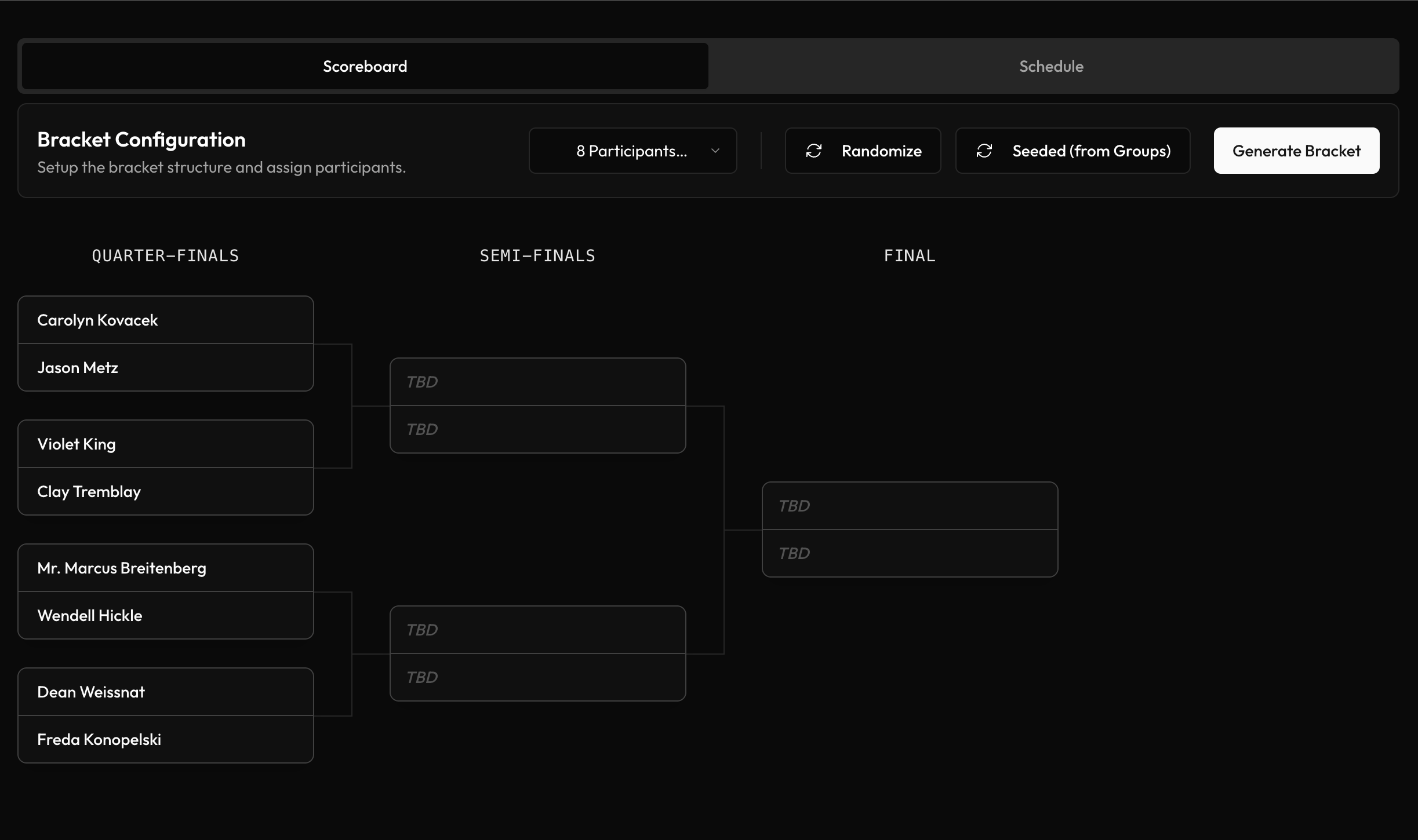 Live score entry in Tournamyx — saving a result advances the winner on the bracket