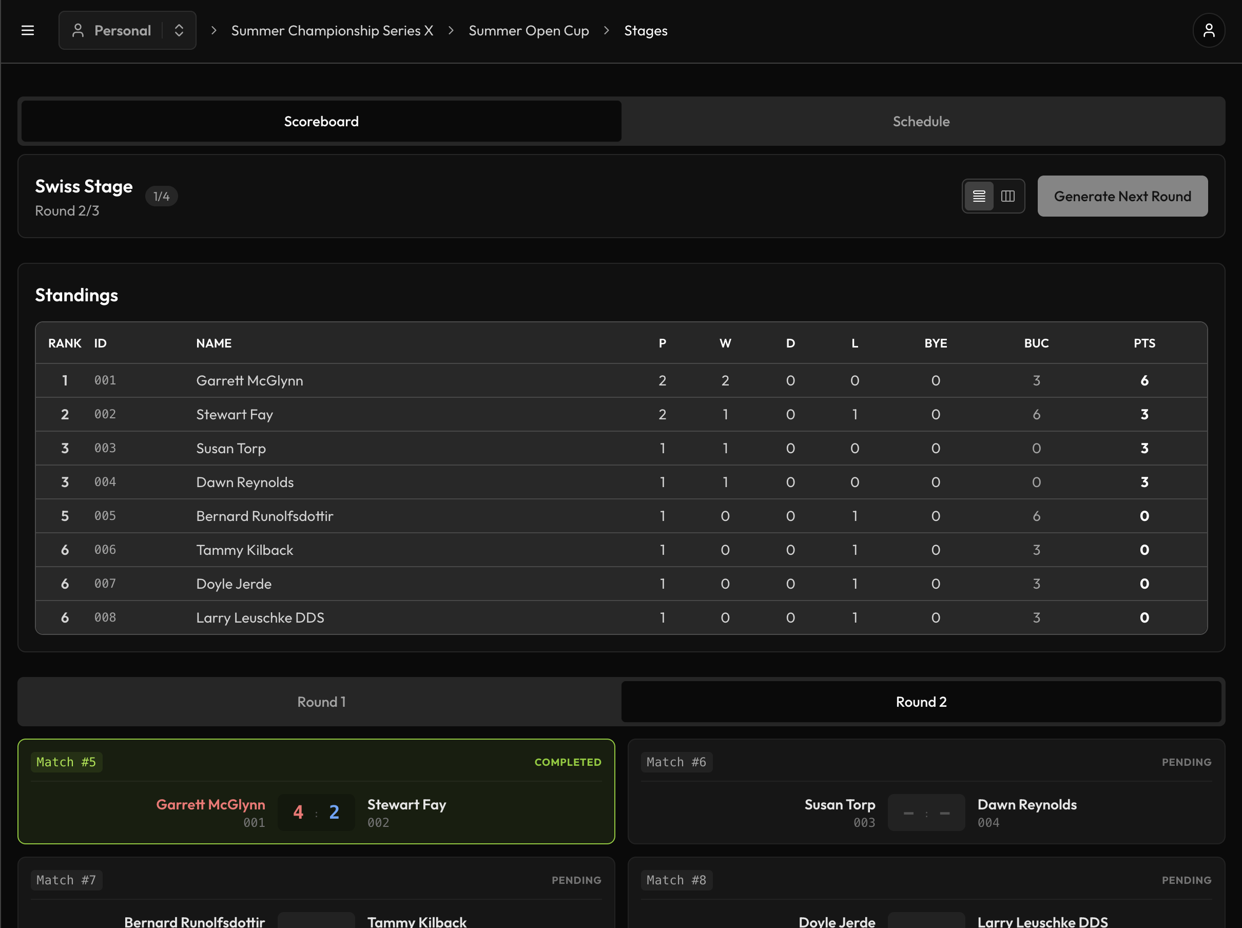 Swiss stage in Tournamyx showing round 2 of 3, live standings with Buchholz, and the generated pairings