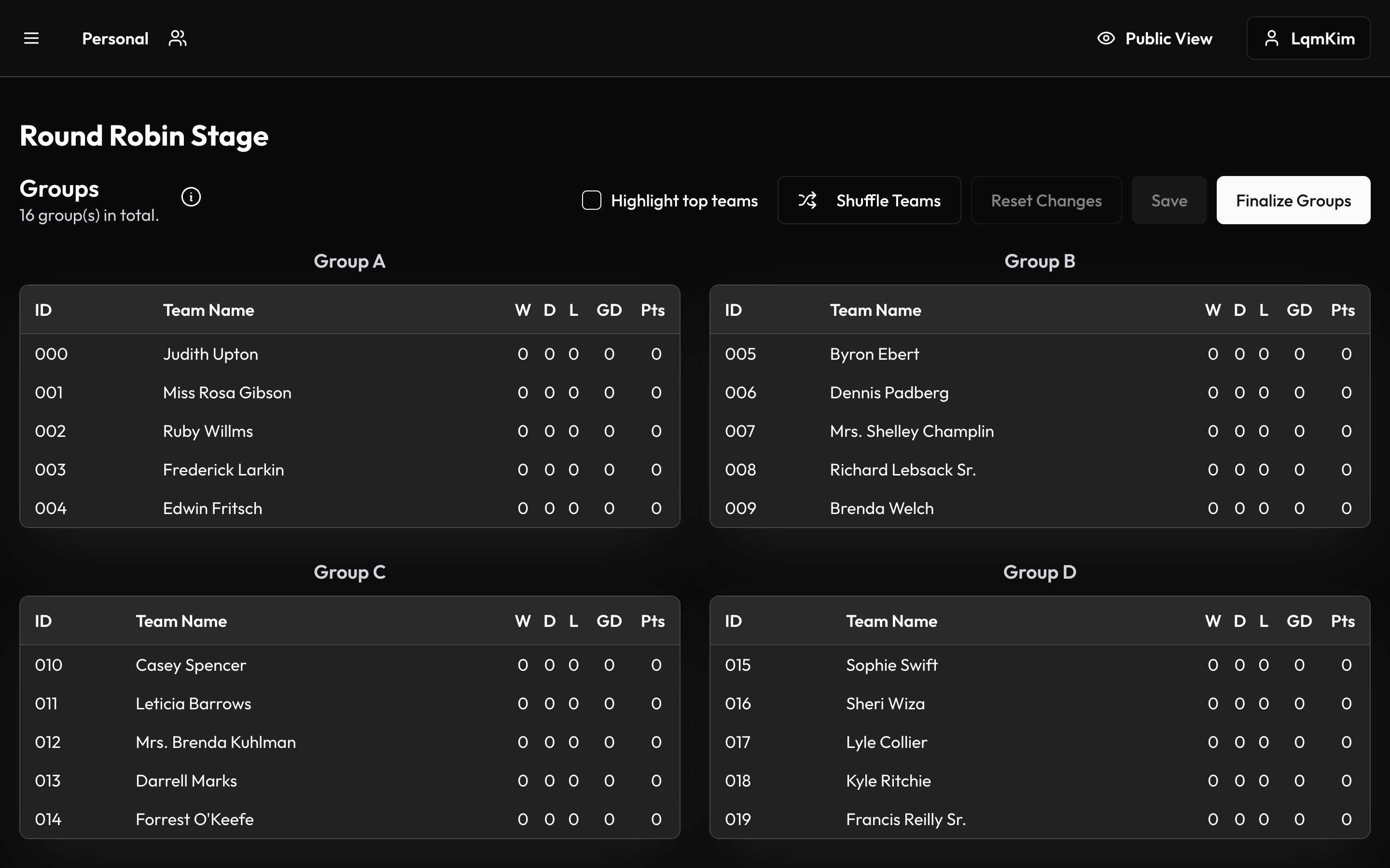 Tournament setup with drag-and-drop team and group management